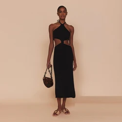 Night Look Knitted Halter Neck Tie Trendy Outfits Sexy Cut Out Summer Beach Wearing Women Loose Casual Long Dress