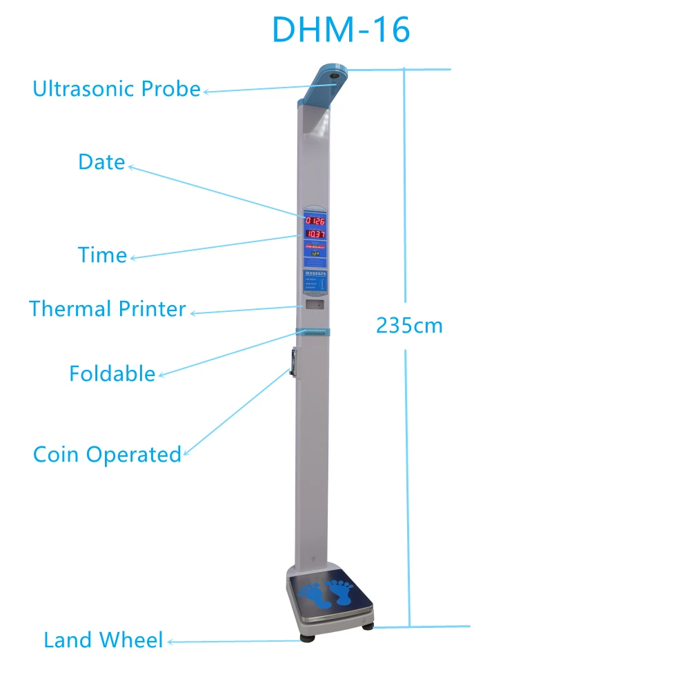 DHM-16 coin operated digital foldable bmi weight height scale with thermal printer