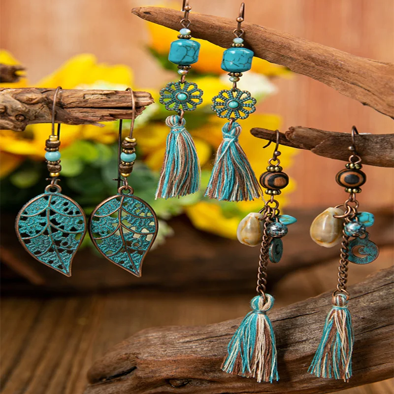 Fashion Bohemian Beaded Leaf Floral Hollow Out Women Tassel Earrings Set