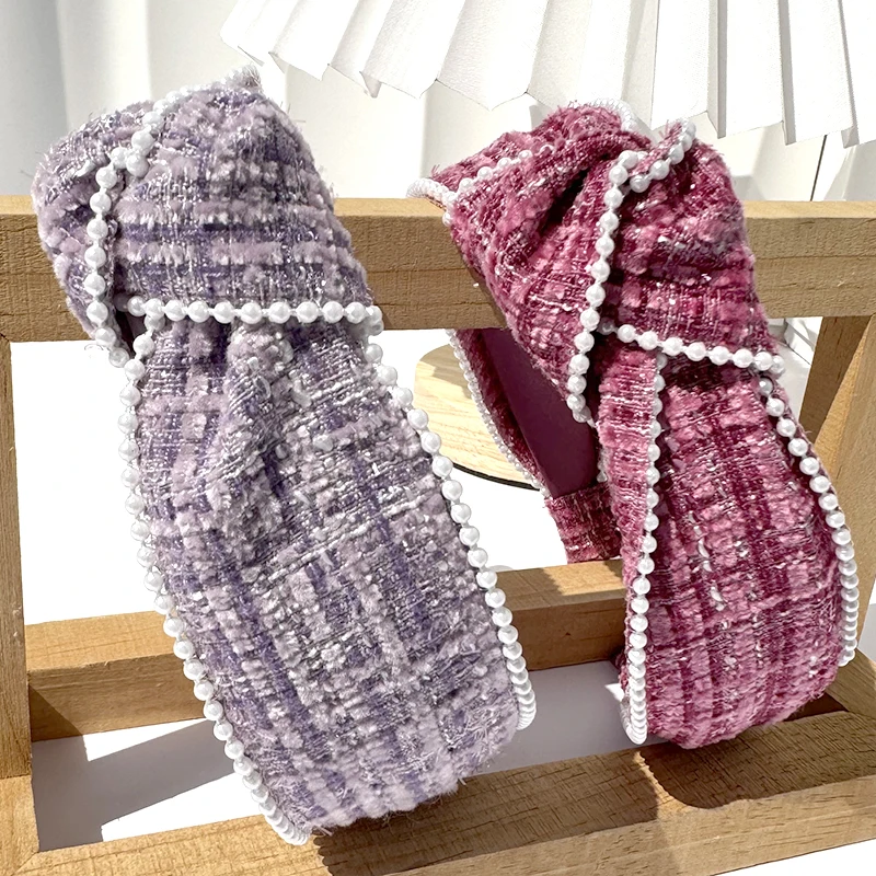 Vintage Winter Elegant Women Knotted Headband French Retro White Pearl Bow hairband Wide Knot Woolen Cloth hairhoop