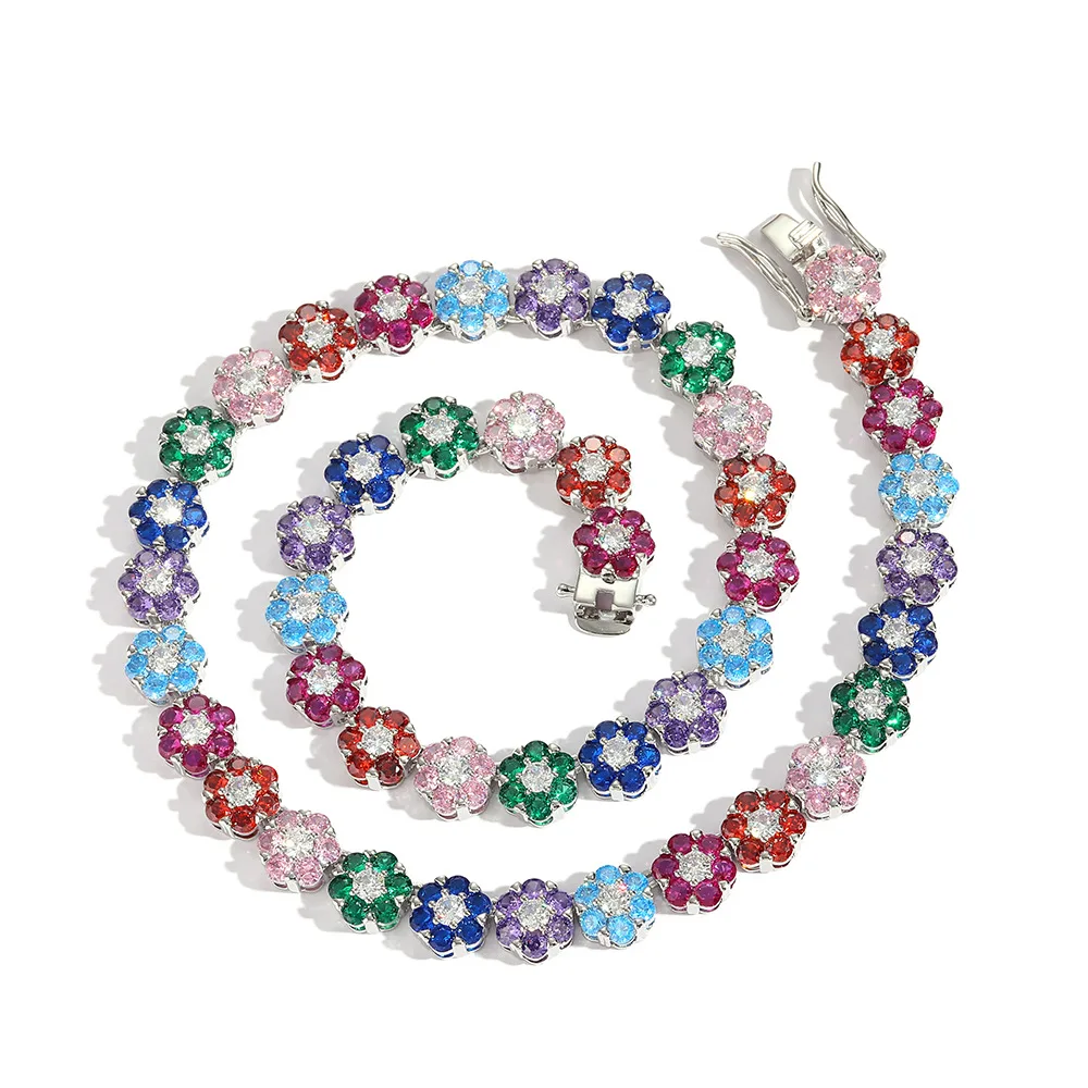 Trendy 2022 Fashion Summer Hip Hop Jewelry Iced Out Diamond Flowers Necklace Rainbow 9mm Floral Tennis Chains for Women Men