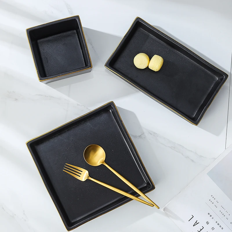Wholesale Light Luxury Black Tableware wWith Phnom Penh Dishwasher Usable Wedding Hotel Ceramic Tableware Set