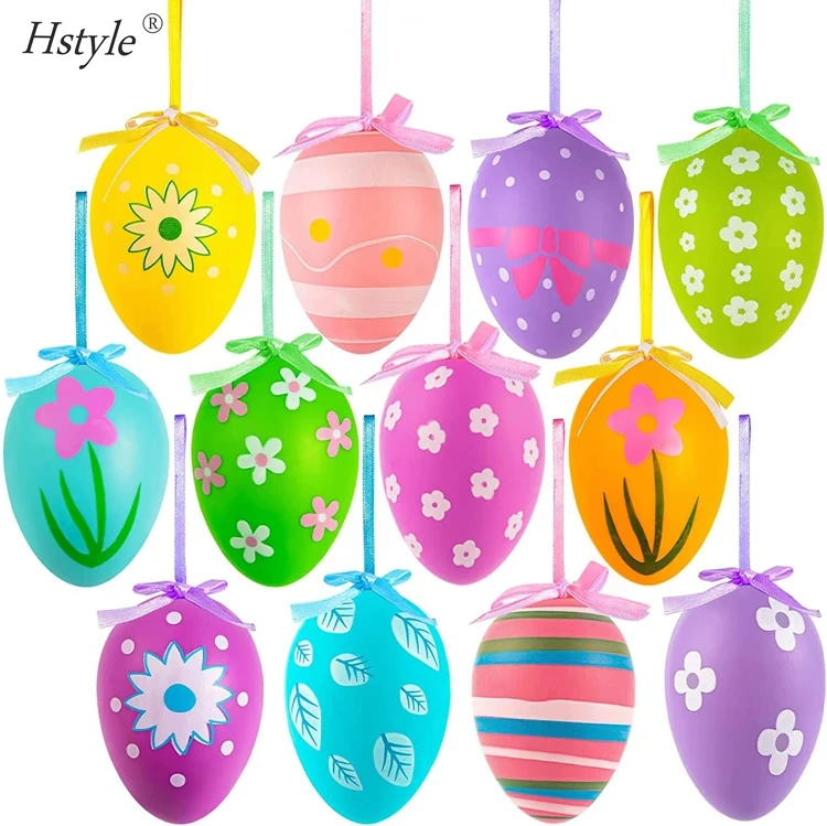 12pcs/pack New Colorful Egg Hanging Ornaments Easter Decoration Plastic Decorative Hand Painted Eggs Crafts Ornaments SD1687