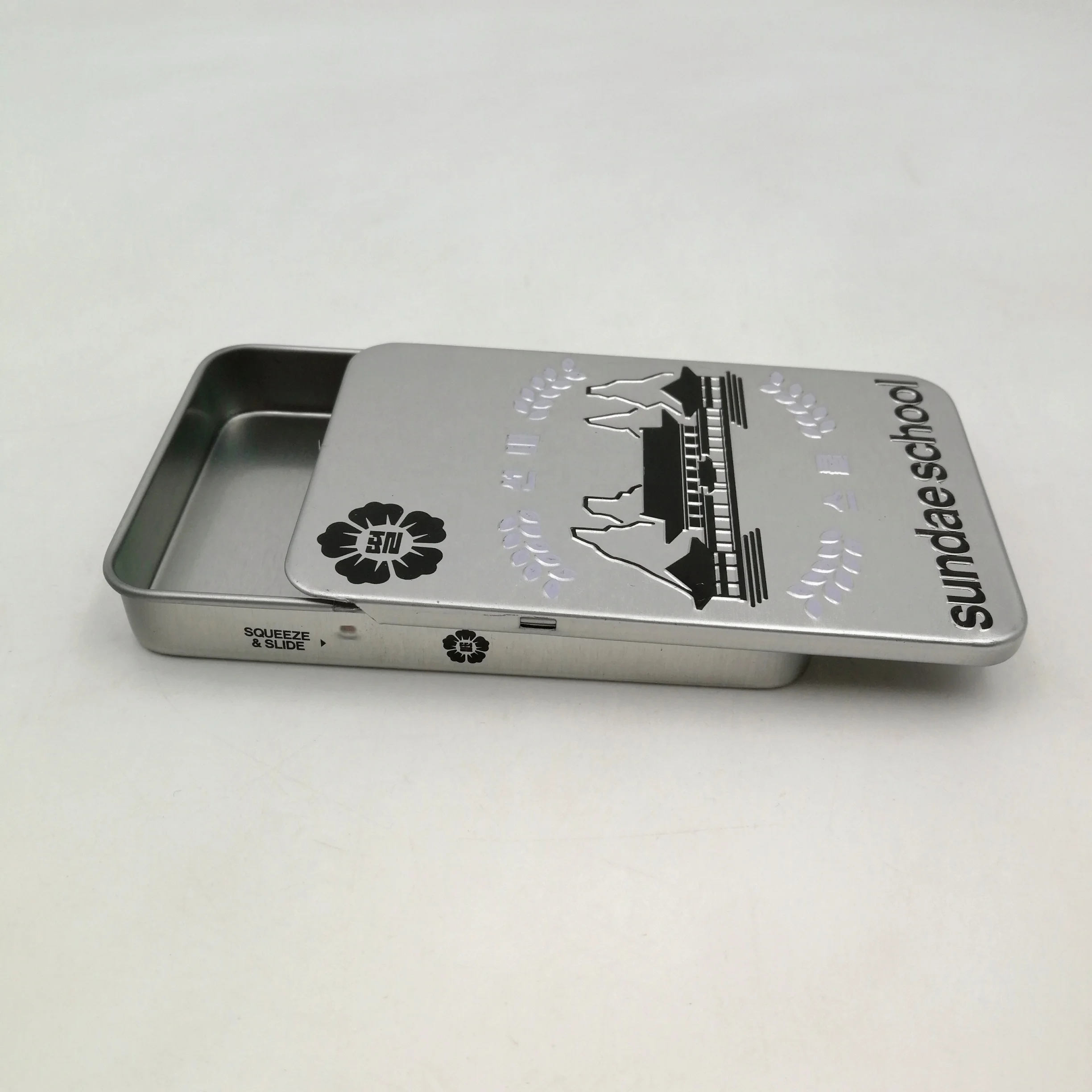 custom rectangle child resistant sliding lid child proof safety click clack tin metal tin box