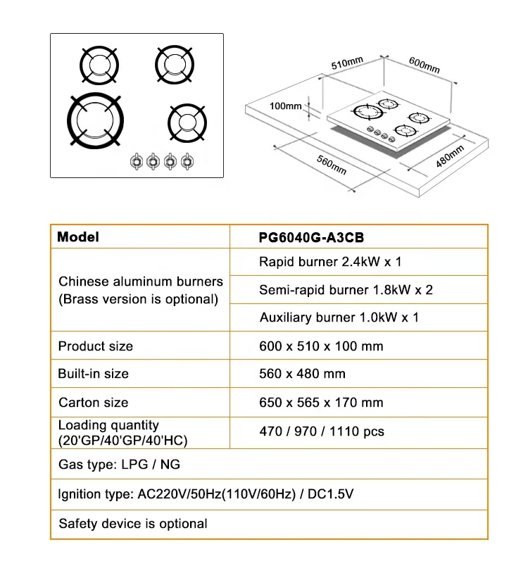 OEM ODM Kitchen Cooking Appliances Built In 4 Burner Gas Stove With Ce Approval Gas Hob