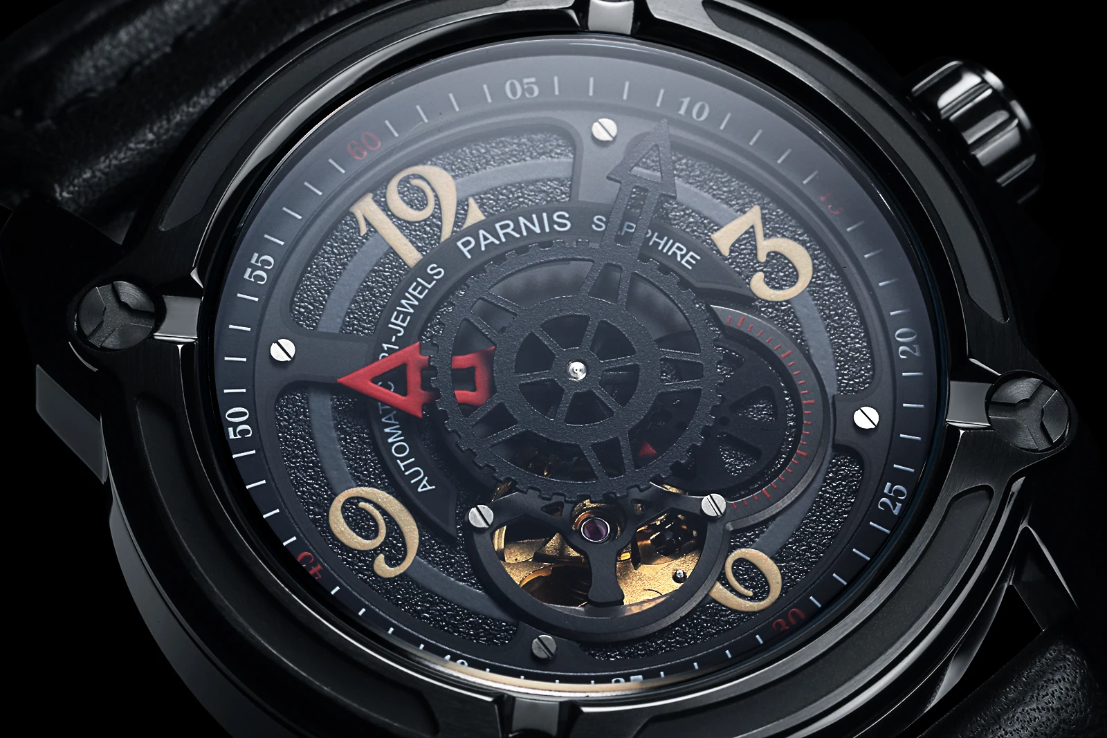 Parnis 44mm Skeleton Men Wristwatch Mechanical Watches Japan Miyota 82S5 PVD Coated Black Case Mechanic Military Pilot Watch