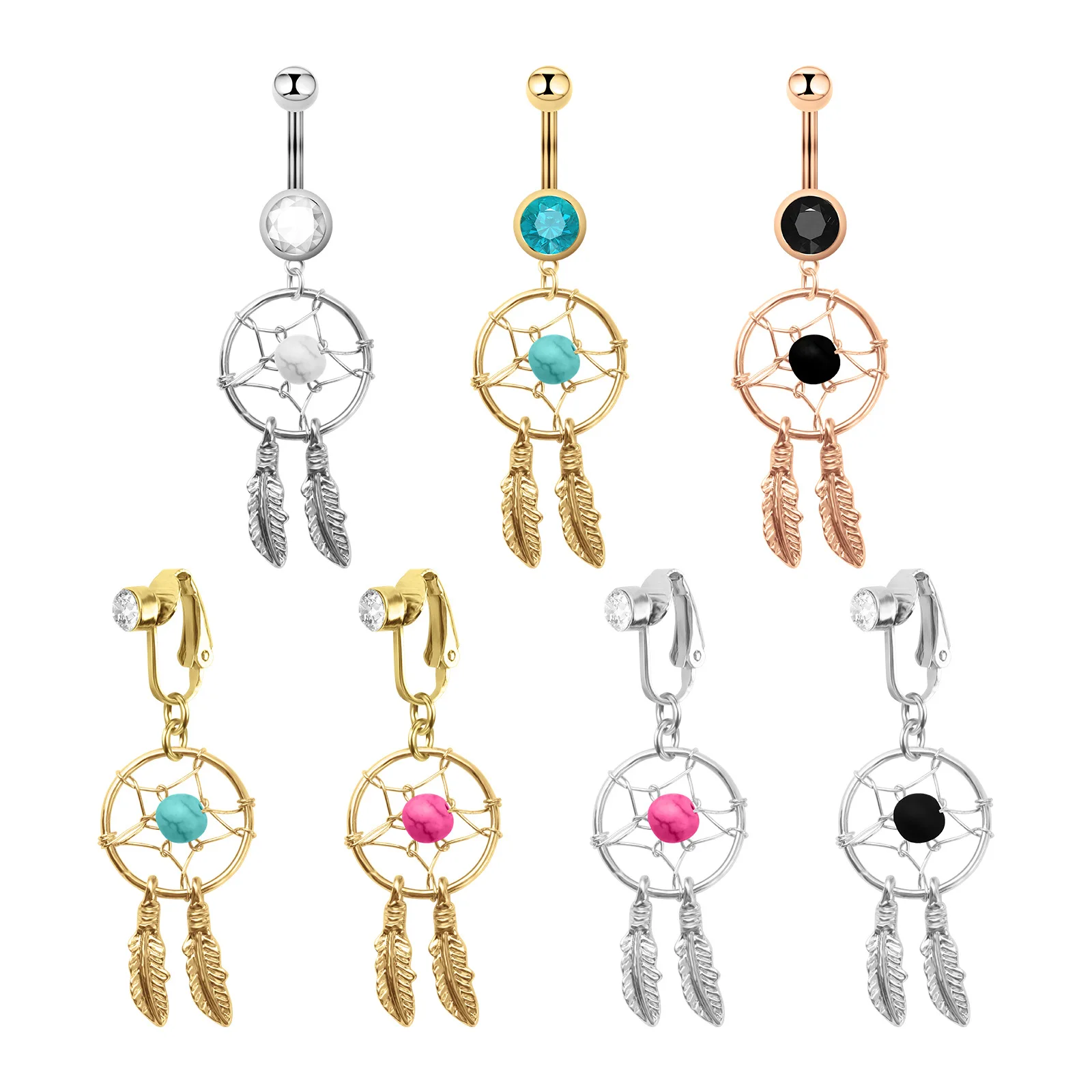 Stainless steel turquoise dream catcher navel ring button button button piercing wholesale key chain feather ethnic wind
