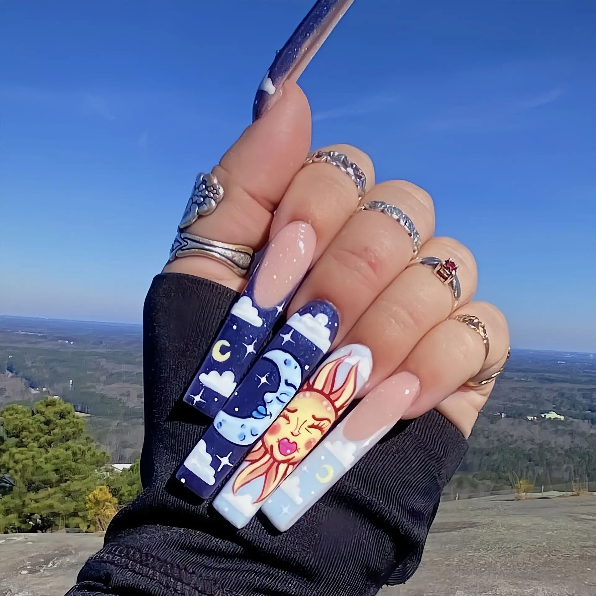 Long Ballet nail Blue Sun Moon French false nail powder Fairy ins European nail piece removable