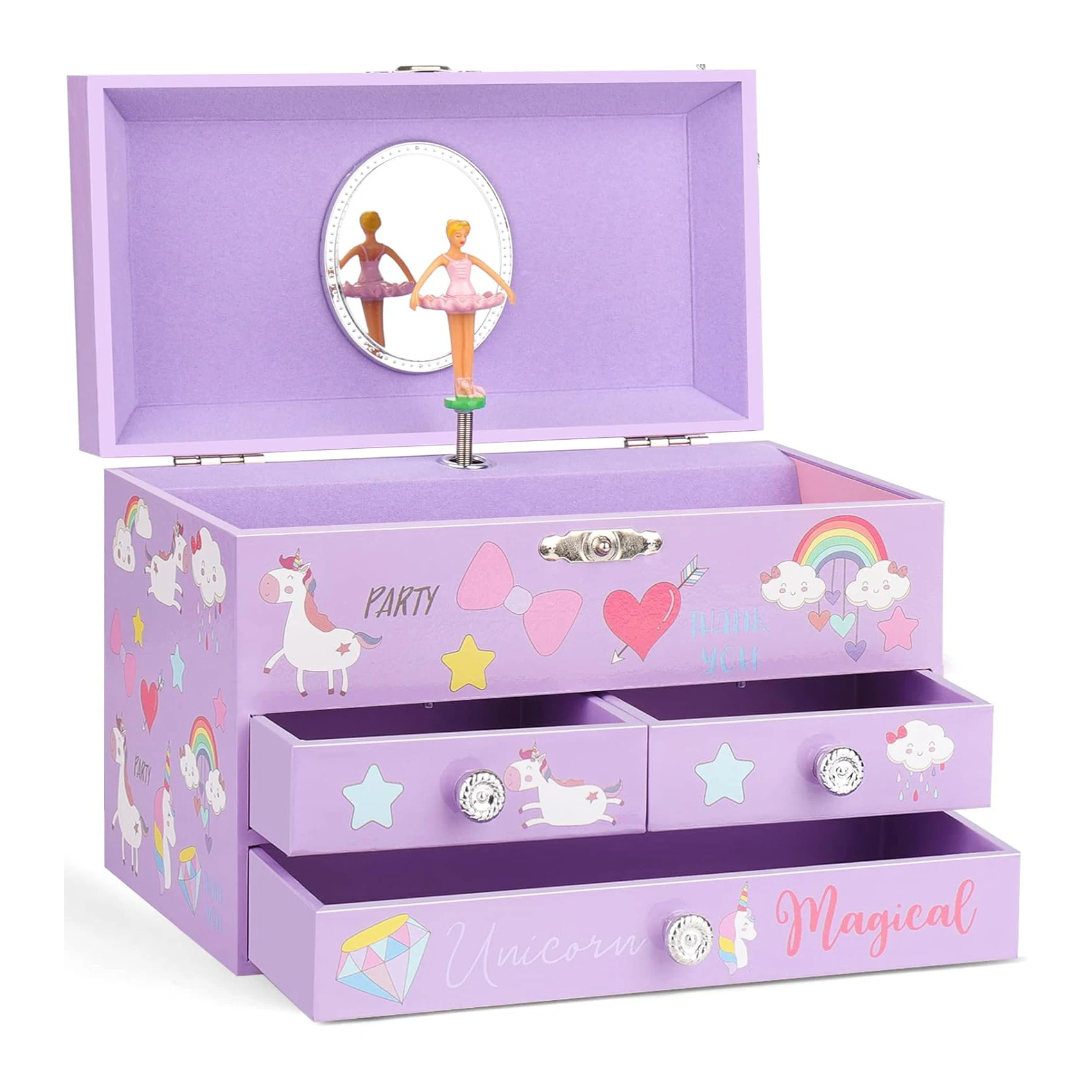 Ever Bright  6-Inch MDF Paper + Wood Unicorn Jewelry Music Box Multi-drawer With Mirror For little girls