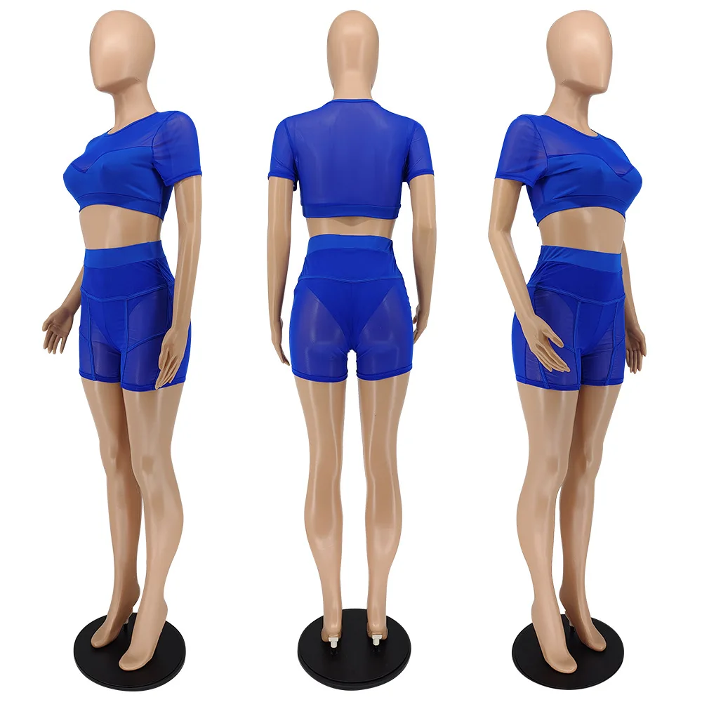 New Stylish European Style Tempting Angle Sexy Angle See Through Short Sleeve Mesh Pant Women Two Piece Set