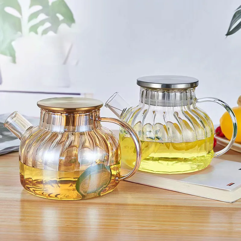 Stovetop Safe Heatproof Glass Teapot Water Pitcher with Stainless Lid and Filter Spout Halloween Pumpkin Striped Glass Juice pot