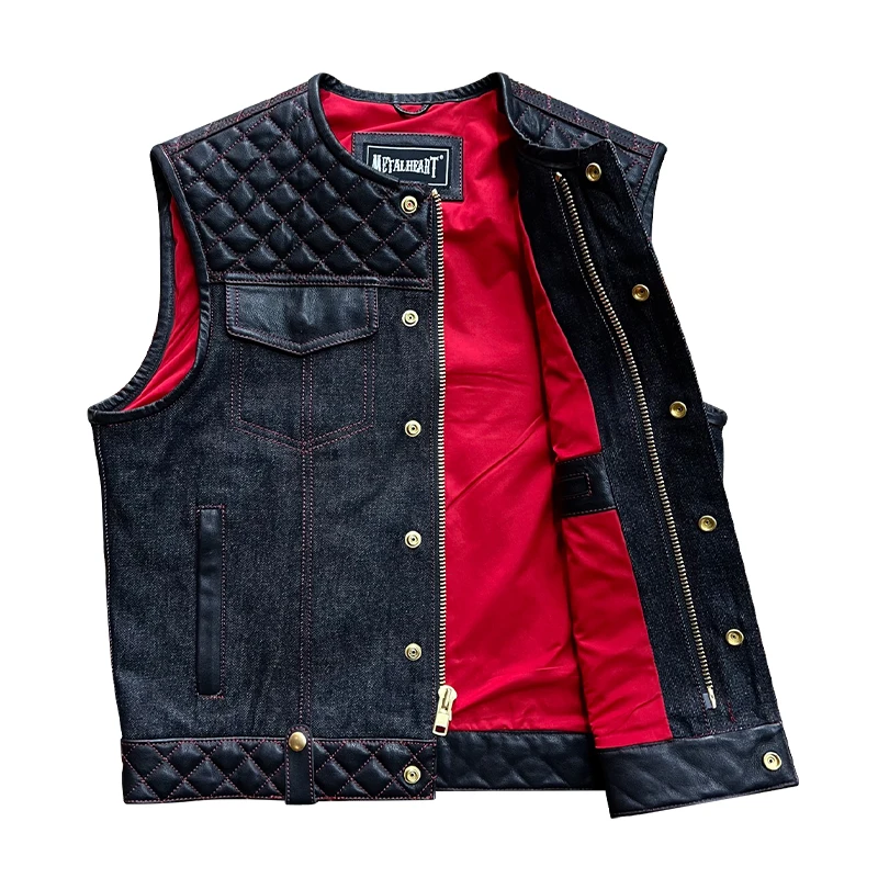 METAL HEARTDS denim and leather retro vest American lightning lattice motorcycle riding vest west coast
