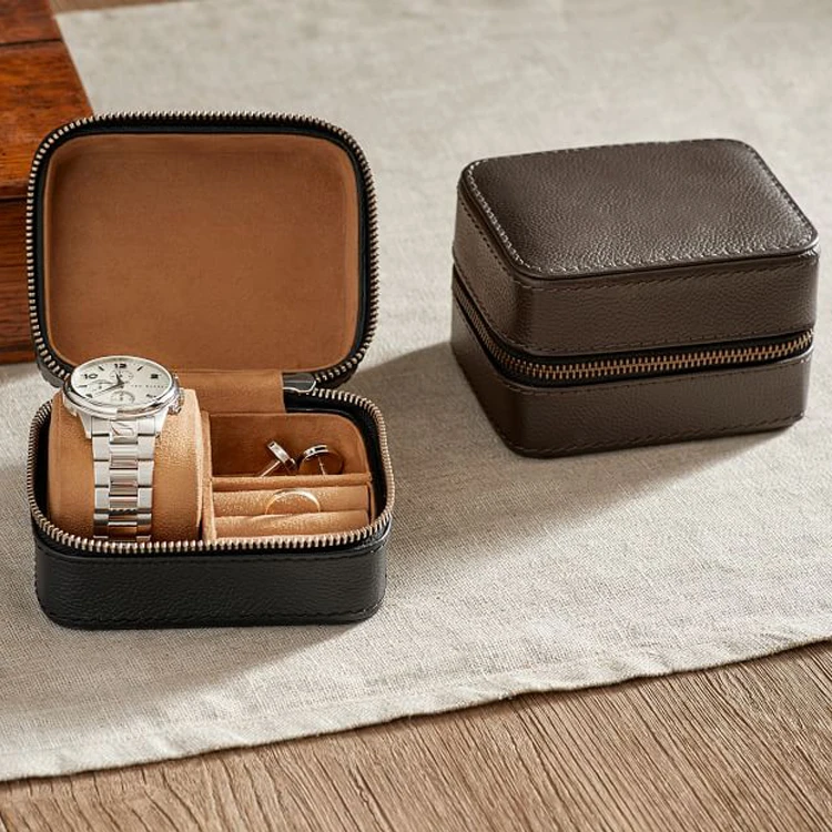 Gift Watch Box Classical zipper jewelry case portable leather custom logo italian velvet jewelry travel hard case roll