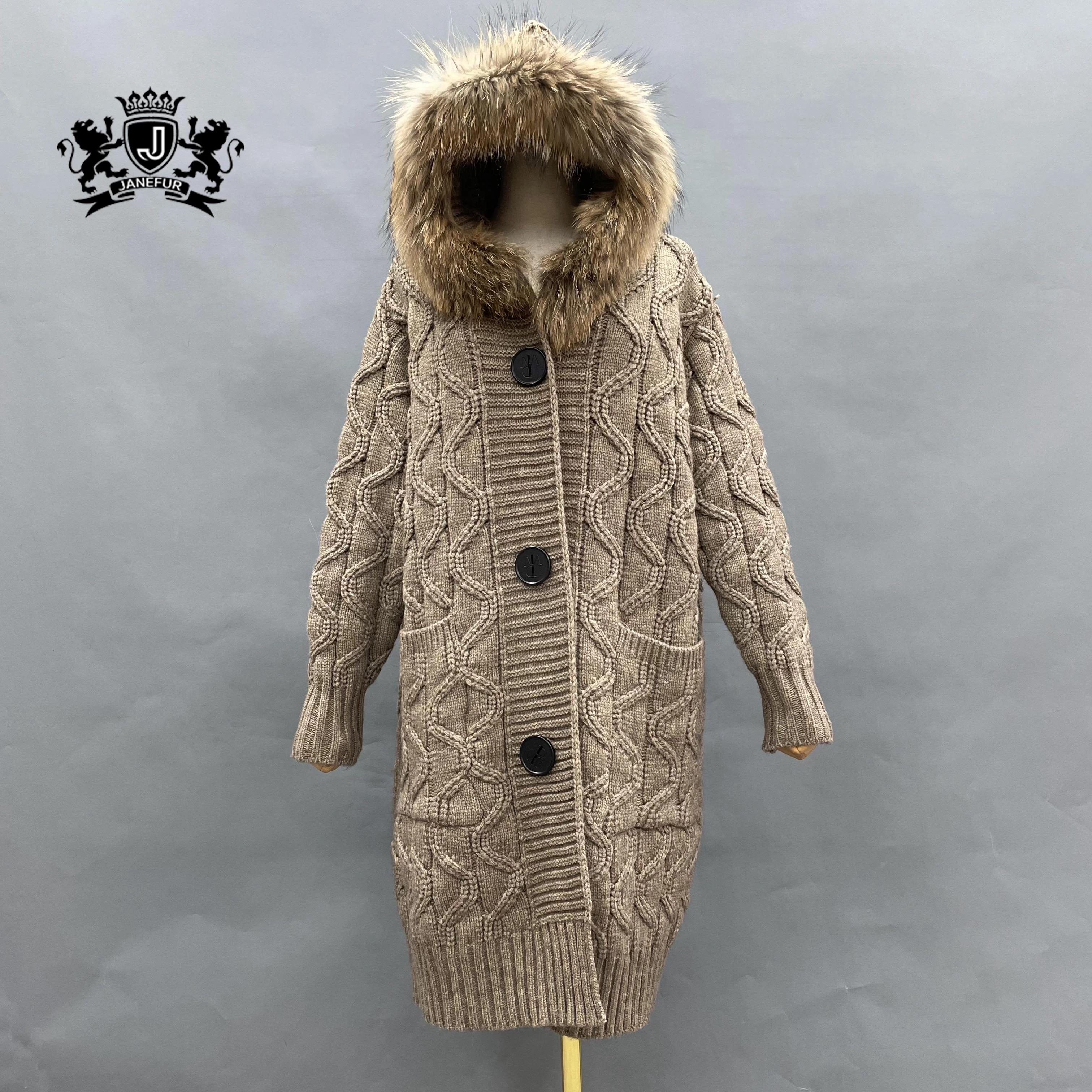 Women Wholesale Trendy Long Loose Style Wool Knitted Cardigan Sweater Comfortable Soft Hooded Knit Cardigan Sweater