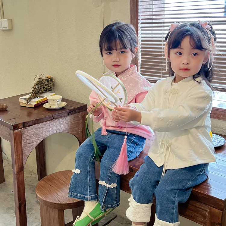 Chinese Style Girls Clothing Sets Excellent Embroidery Kids T Shirts Clothes for Children Jeans for Girl