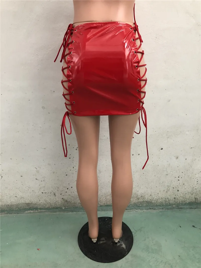 B30183A 2018 Latest lace-up design patent leather shining PU sexy skirt
