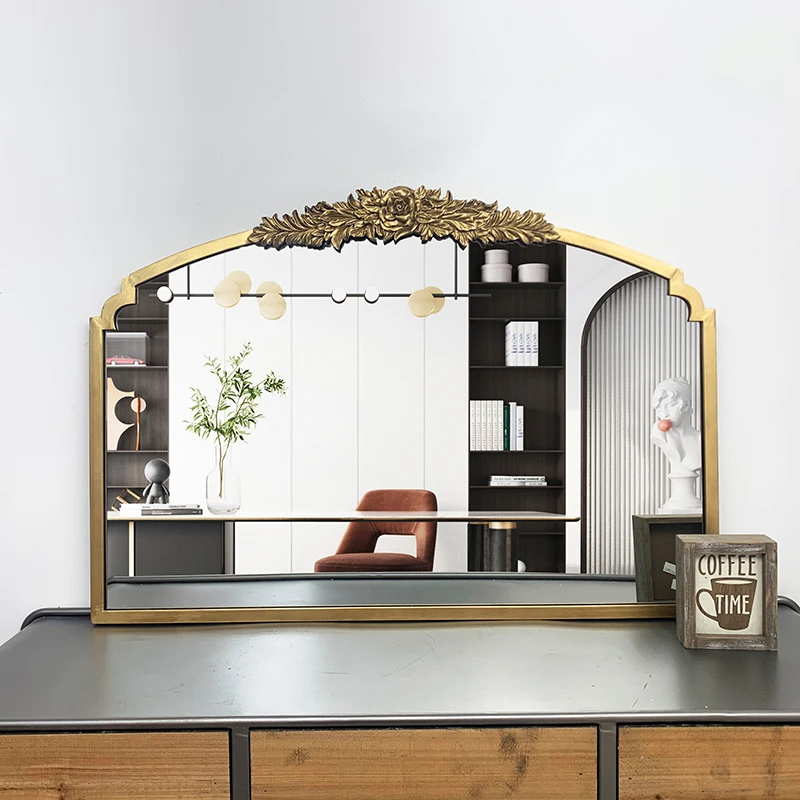 Arched shape gold mounted metal frame wall mirror decorative for living room with Flower carved for home living room bedroom