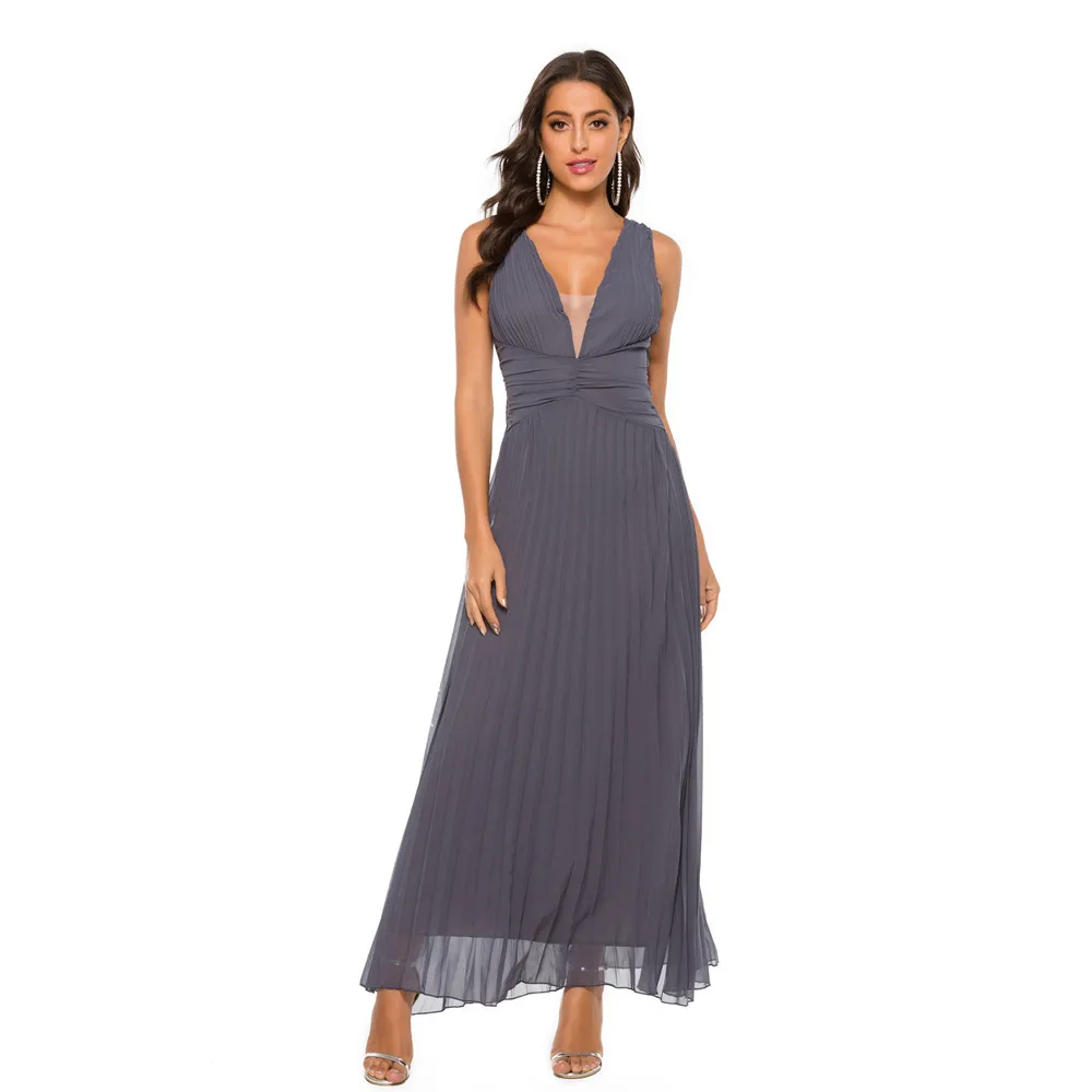 V-Neck MiDi Sexy & Club STYLE Pleated Middle Sleeve chiffon lace Long skirt Wome Casual Dresses