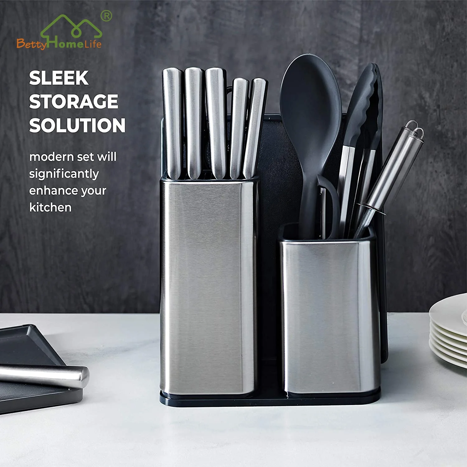 Easy Drainage Holes Stainless Steel Universal Magnetic Utensil Holder and Knife Block with Cutting Board Set