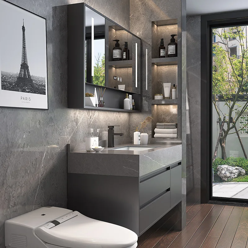 Wall Mounted White Ceramic Basin Rectangle Led Mirror Light Bathroom Sets Cabinets Modern Luxury Bathroom Vanity With Sink