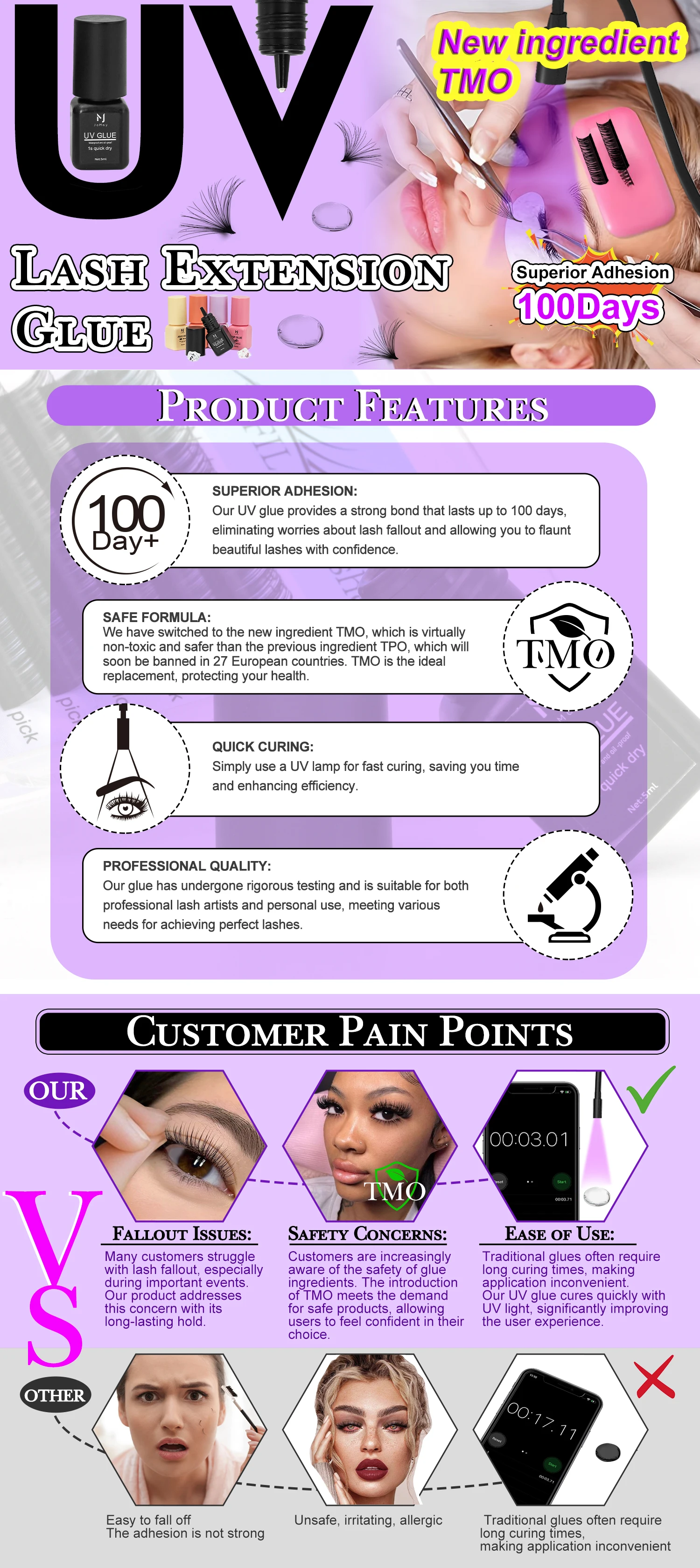 TMO UV Lash Extension Glue - Fast Drying, Waterproof, Non-Toxic Adhesive with LED Light for Professional Eyelash Extensions