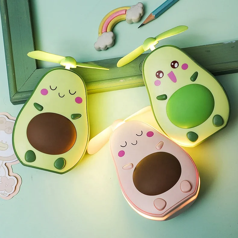 
mobile hand travel cartoon avocado USB rechargeable mini air cooling fan LED make up mirror with light mini fan 