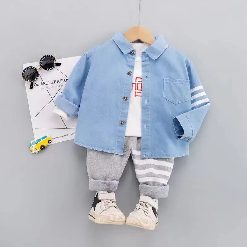 Wholesale jean stripe spring autumn boy denim shirts pants 2 pieces suit