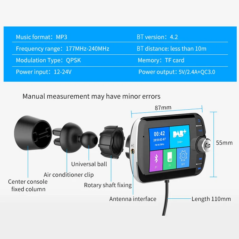 Car Radio Receiver DAB Digital Audio Broadcasting Handsfree With Antenna QC3.0 USB Charger Dab Fm Transmitter Car Mp3 Player