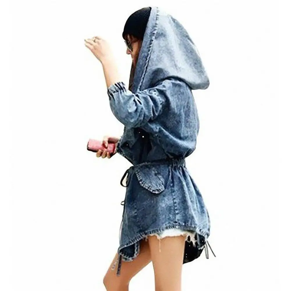 CUHAKCI Newest Style Lady Autumn Winter Loose Hooded Jean Jacket Long Sleeve Mid Length Windbreaker Coat Woman Denim Jacket