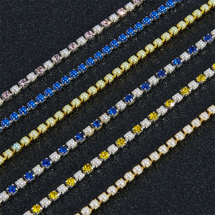 Gold back  pearl  Claw Rhinestone Cup Chain SS6 Crystal Chain For Garment Headband Accessories