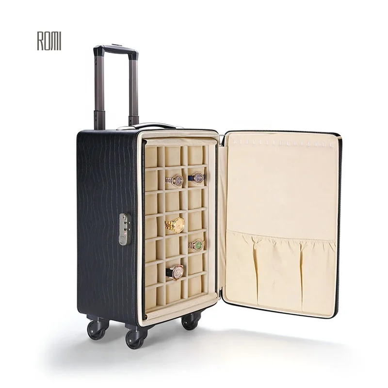 large black travel handle leather jewelry box watch jewellery organizer case
