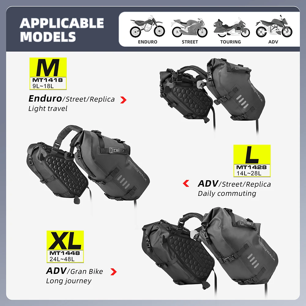 Rhinowalk  Motorcycle Waterproof Saddle Bag 48L Bike Tail Seat Luggage for Off/On Road ADV Long Distance Touring