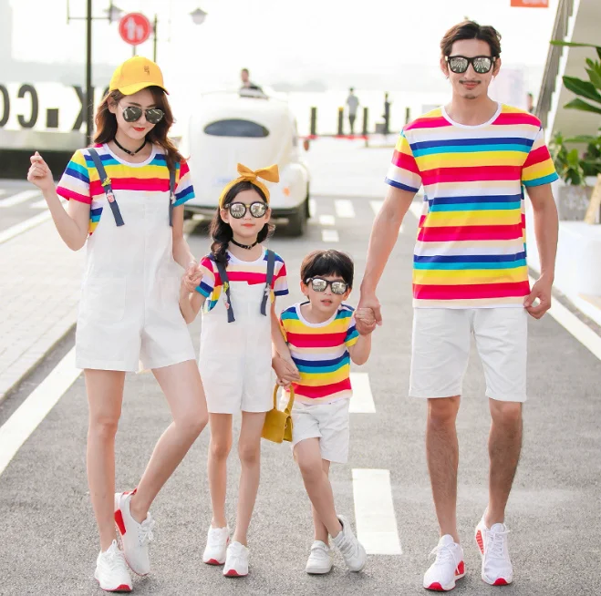 Family School parent-child T shirt and shorts  2 piece Suits Rainbow striped cotton parent-child outfit