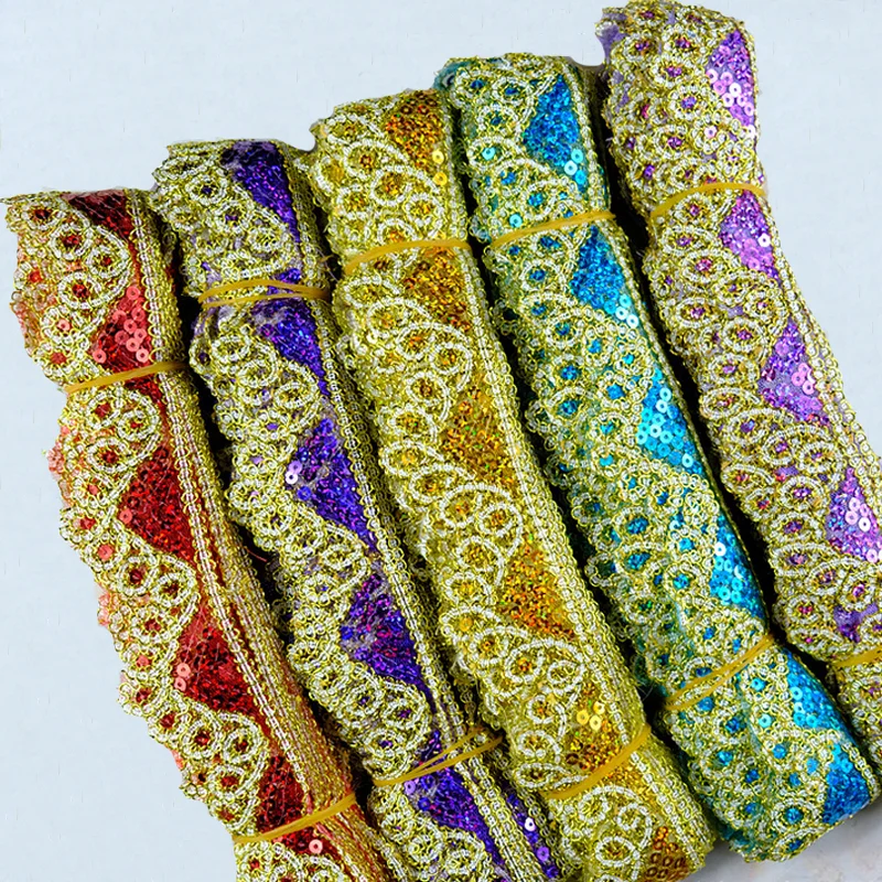 Factory cheap lace sewing polyestic fabric decorative net mesh embroidery triangle sequins fabric sequined lace trim 4.5cm wide