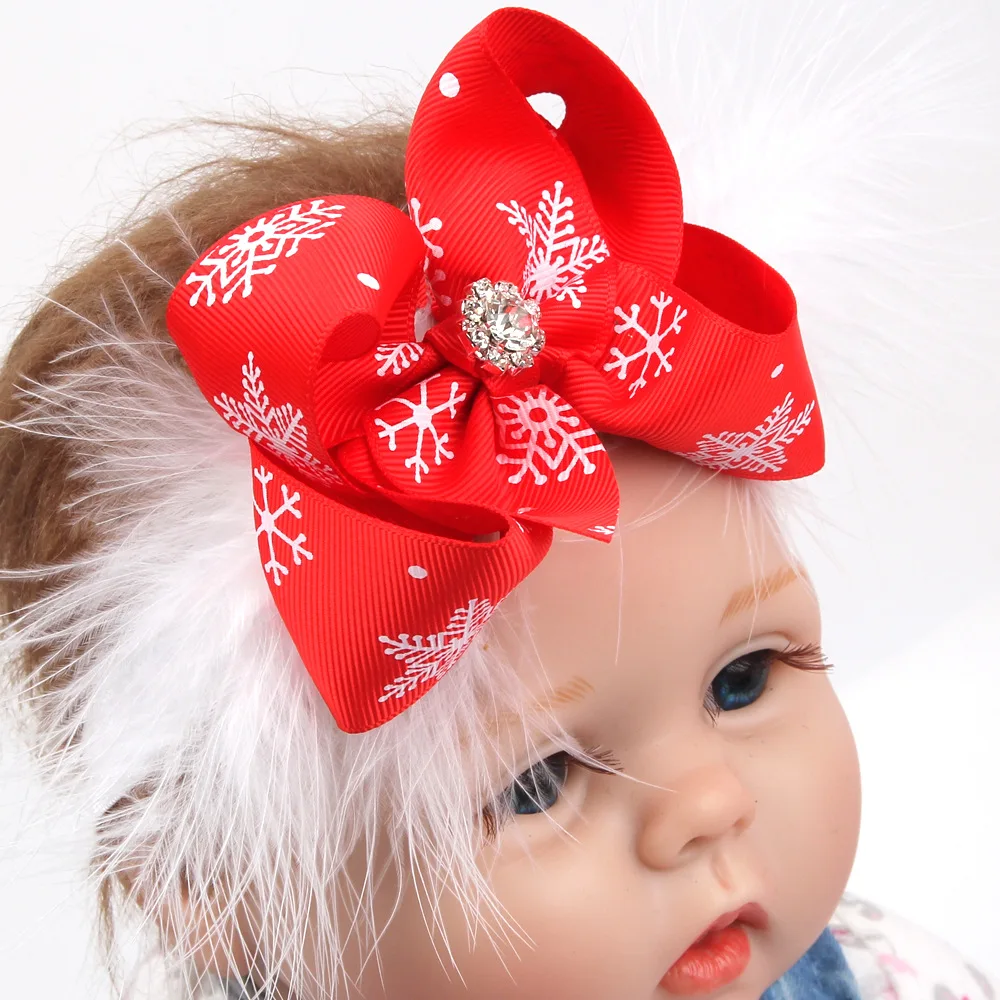 Christmas Baby Rhinestone Kids Feather Headwear Bow Tie New Year Hair Band Snowflake Bandage Ribbon Baby Girl Headband