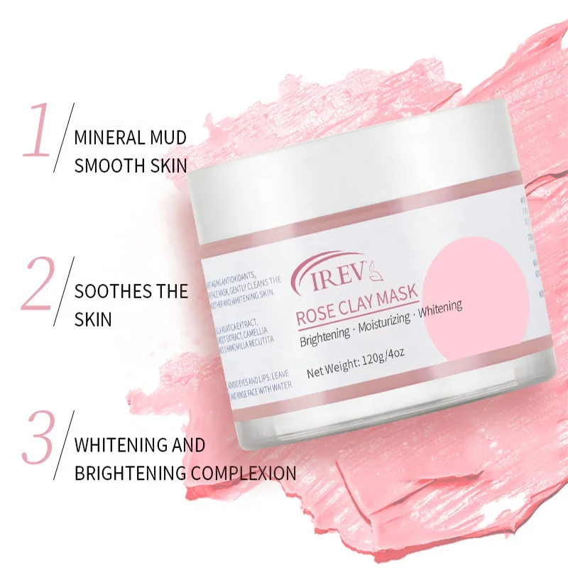 Natural Organic Pink Rose Mud Mask Facial Purifying Anti-Acne Anti-Toxin Whitening Moisturizing Pink Clay Mud Face Mask