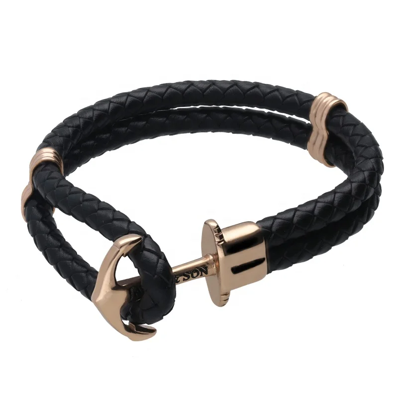 Wholesale Custom Free Sample Stainless Steel Anchor Hook Leather Bracelet