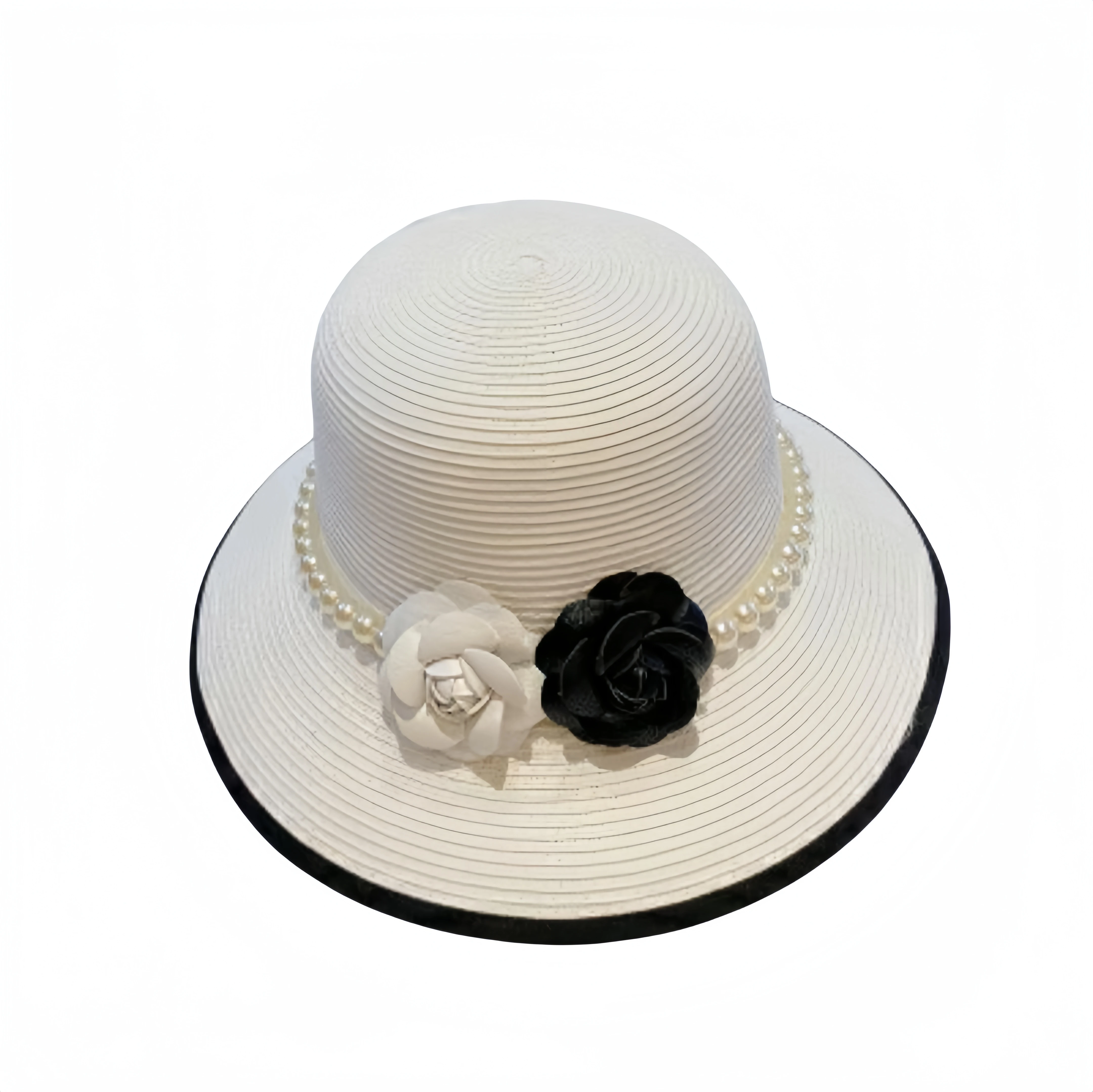 Wholesale Spring and Summer Fashion Women Dress Vintage Sun Hat Black and White Camellia Pearl Wide Rim Bowler Hat Church Hat