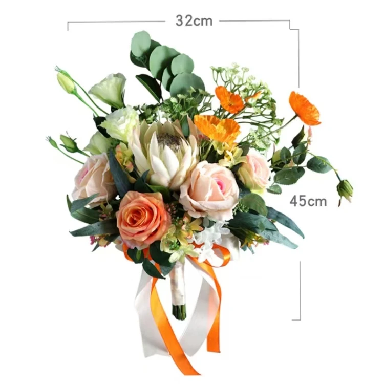 European Style Orange Silk Rose Bouquet Simulated Camellia Bride Holding Artificial Flower White Ranunculus Photography Props