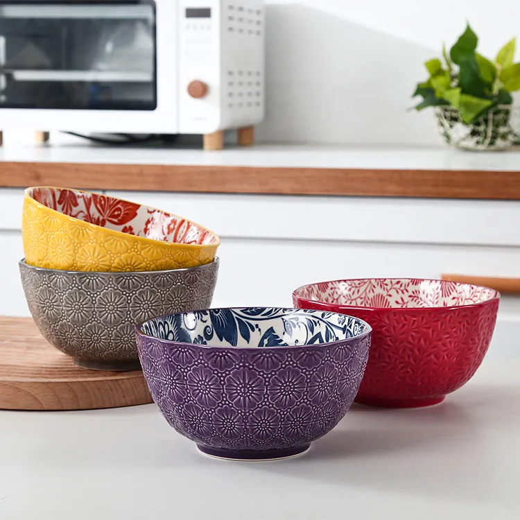 Wholesale Custom 5.9 Inch Decorative Serving Bowl Dessert Salad Bowl Embossed Ceramic Ramen Bowls