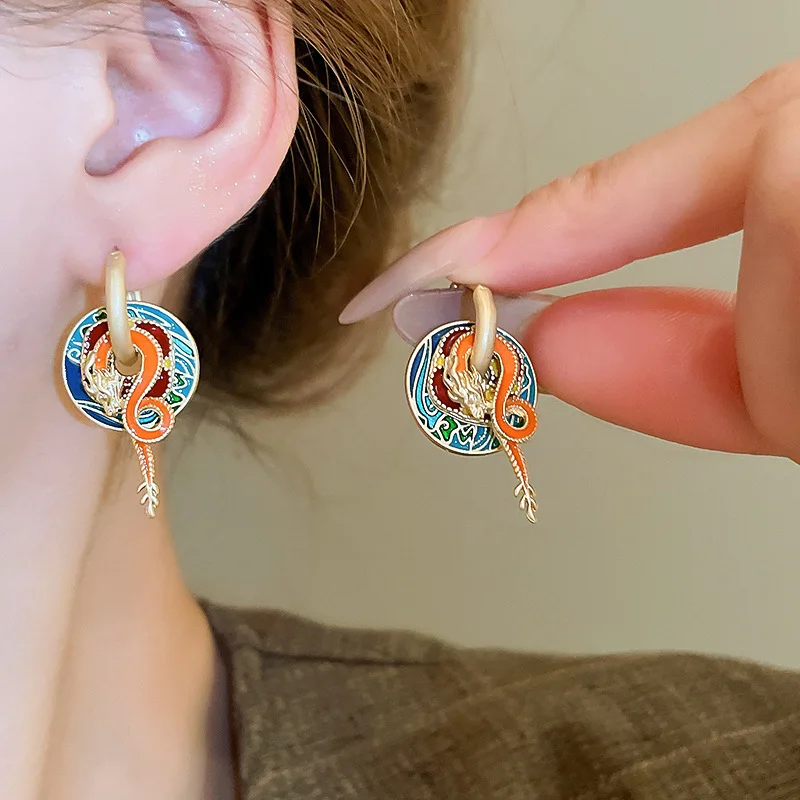 new chinese style women earrings luxury jewelry colorful dragon shaped dangle earrings wholesale