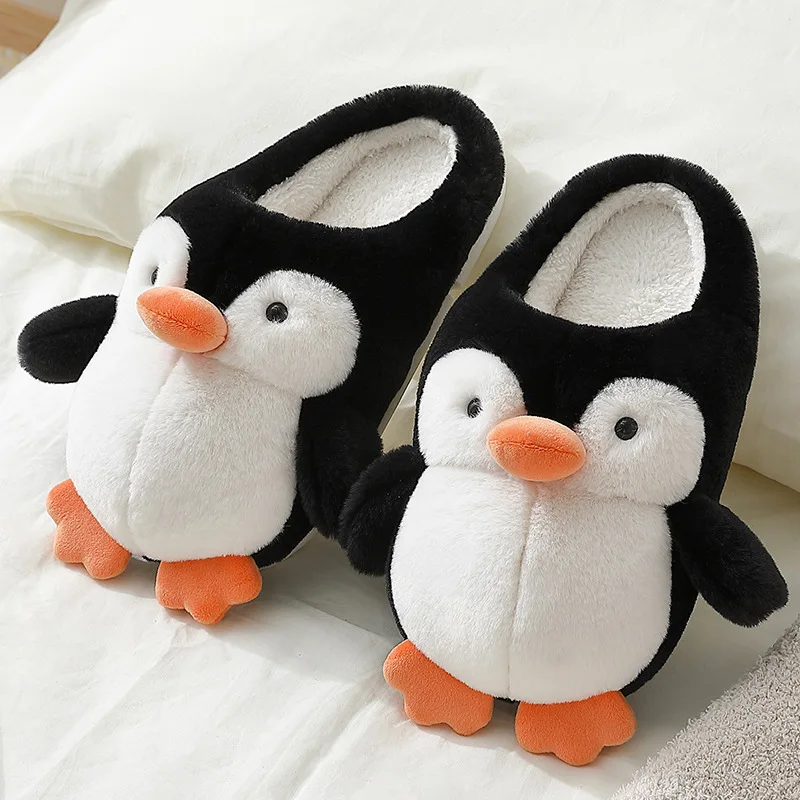 2022 Winter Cute Fur Fluffy Indoor Animal Plush Cartoon Penguin Animal Slippers For Kids and Women