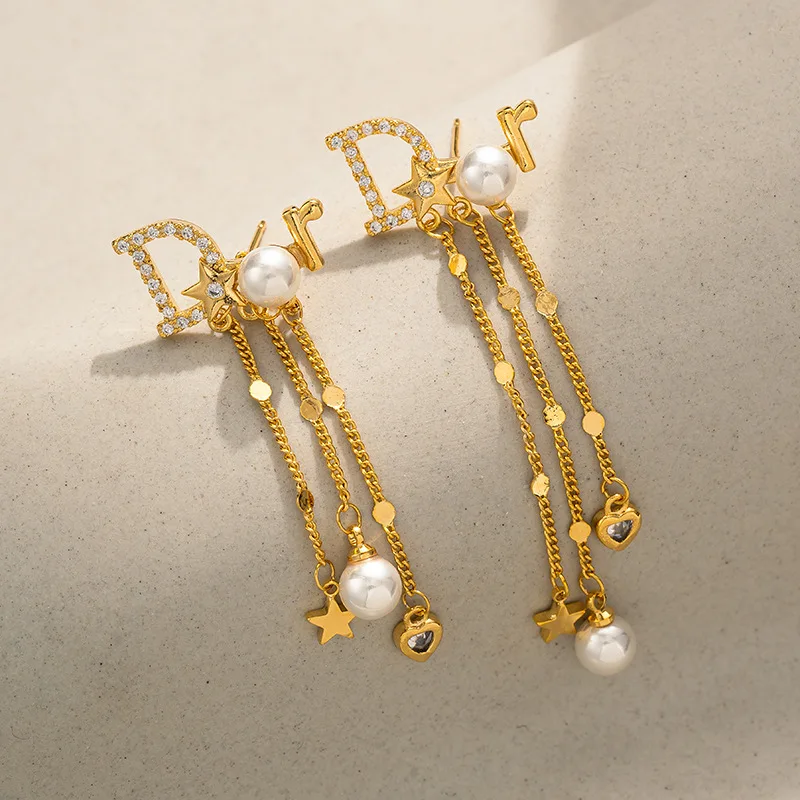 Fashion Classic Star Love Heart Luxury Designer Letter D Pearl Tassel Earrings for Women Inspired Jewellery