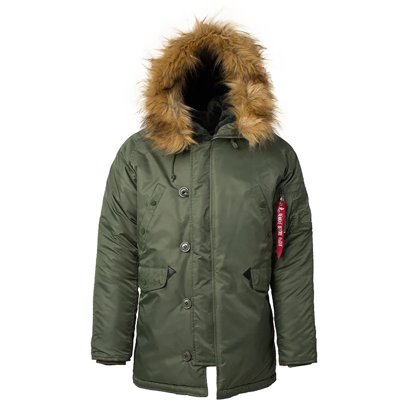Polyester Fabric Windbreaker Winter Warm Wear Fur Hooded Thick Military Style Coat Men Jacket