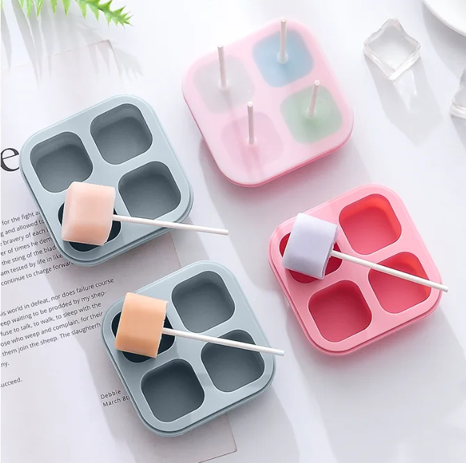 4 Cavities Square Shape Lollipop Molds Nonstick Silicone Candy Chocolate Cookie Sucker DIY Making Mould For Home Party