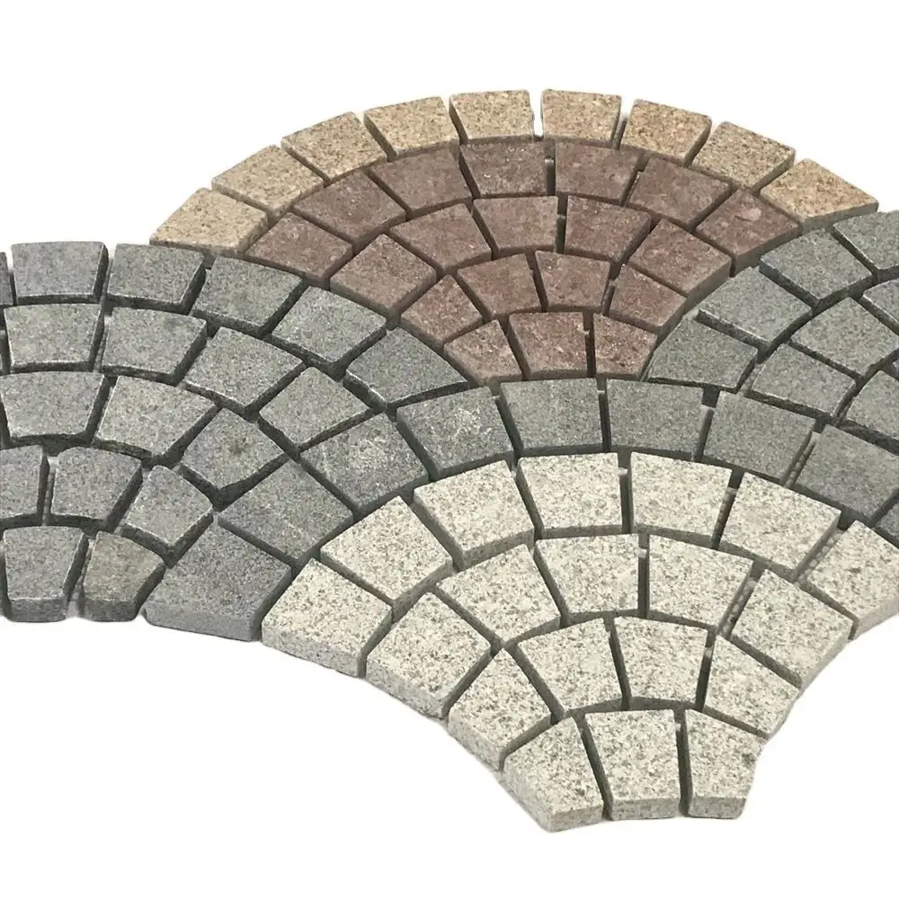 Black Basalt Paver Stone Fan Shape Cobble Stone Meshed Pavement Mats Granite Patio Driveway Paving Stone