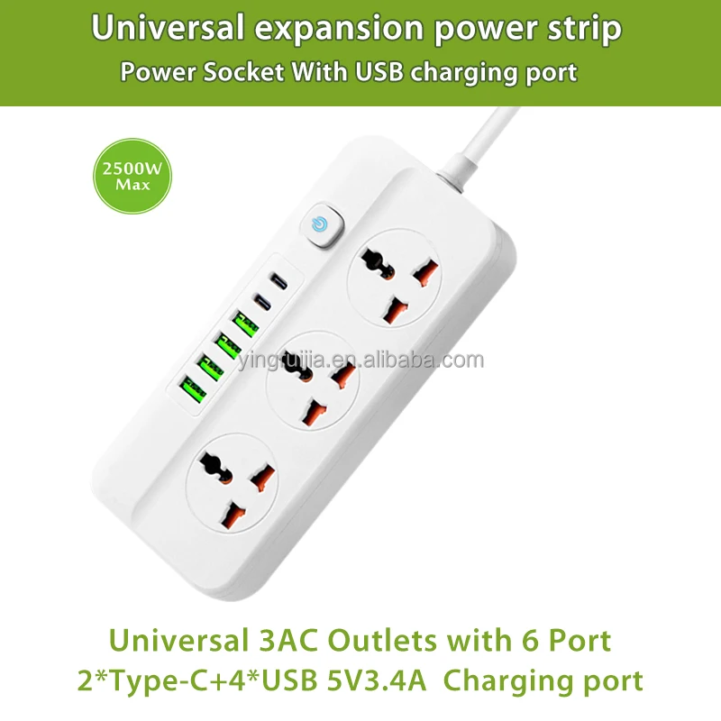 Factory wholesale Universal power strip power socke, Extension cord 3 Outlets with 6 USB port, British Multi socket power strip