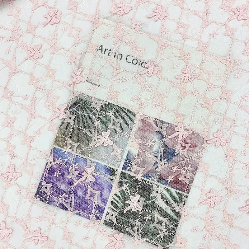 New style small fresh three-dimensional embroidery pink bow lace fabric for wedding dress, curtains, clothing fabric