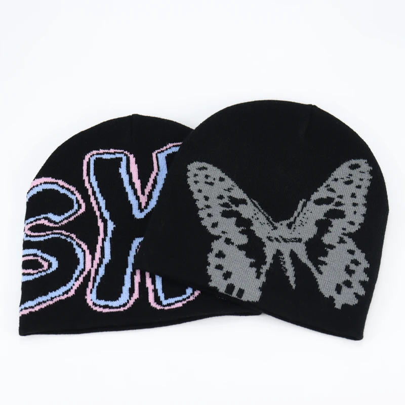 Custom Beanie Y2K For Women Men Design Pattern Black Beanie Acrylic Knitted Hat Casual Beanies Winter Hat Slouchy Warm Hat