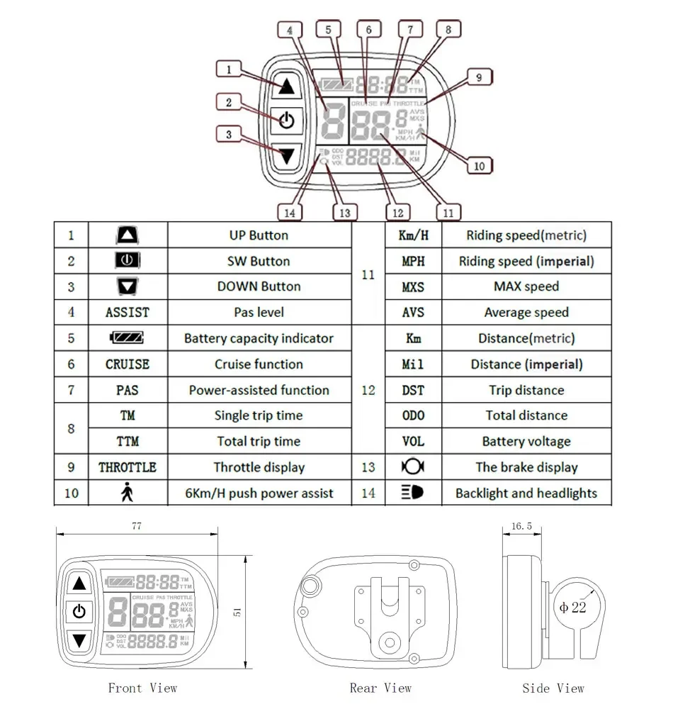 KT Intelligent LCD Display for Electric Bicycle, Bike Parts, KT Controller, LCD5, KLcd5, Control Panel, 24V, 36V, 48V